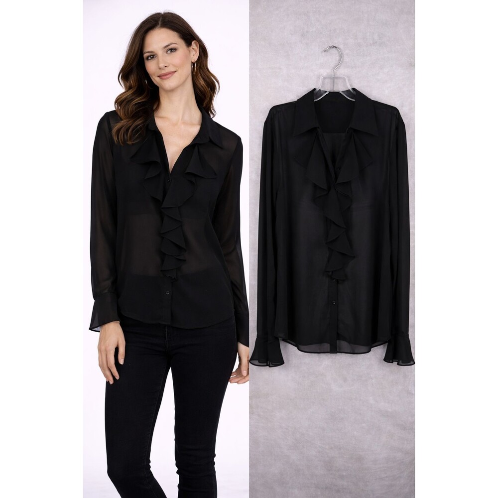 Chaps Sheer Blouse Top Size 12 Black Ruffle Front Cuffs